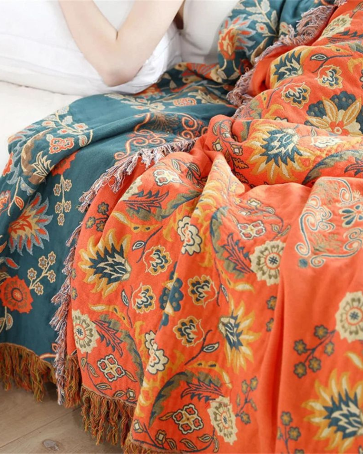 Cotton Throw Blanket with Warm Marigold Tone and Reversible Bohemian Design