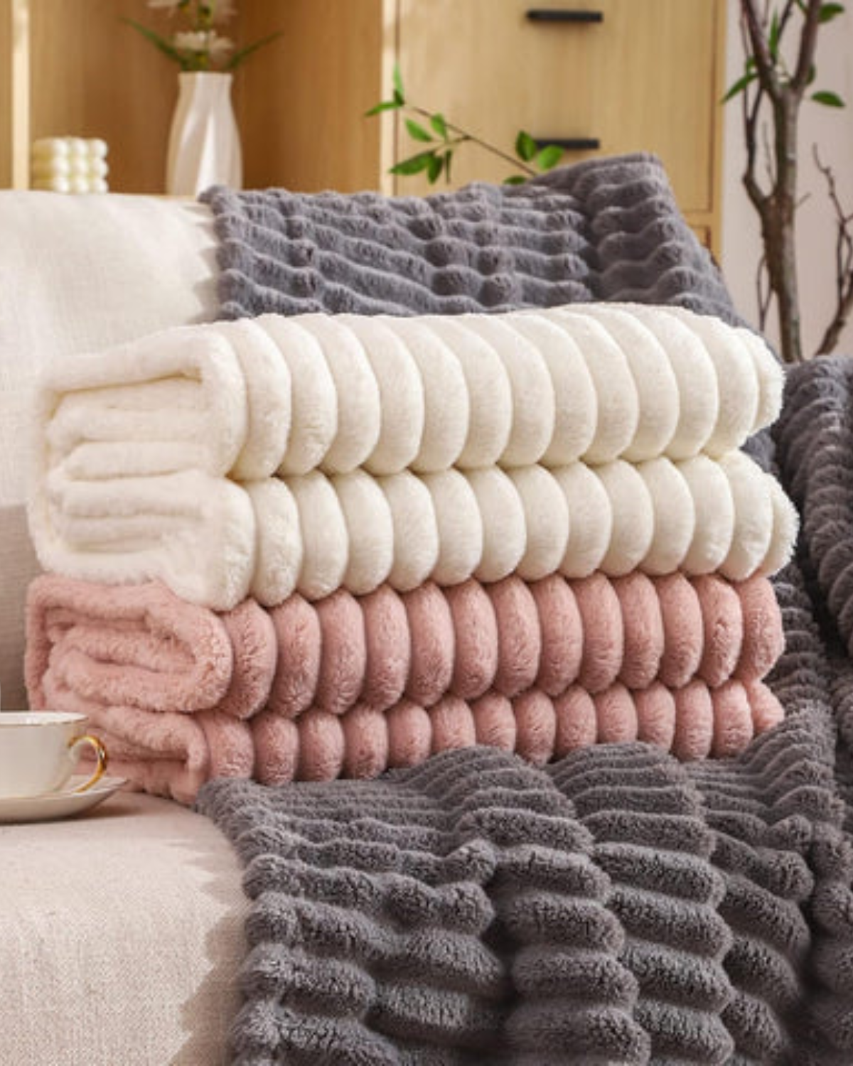 Plush Throw Blanket with Elegant Striped Texture for Warmth and Comfort