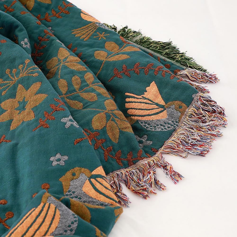 Serenelle – Cotton Throw Blanket with Flying Birds and Floral Details