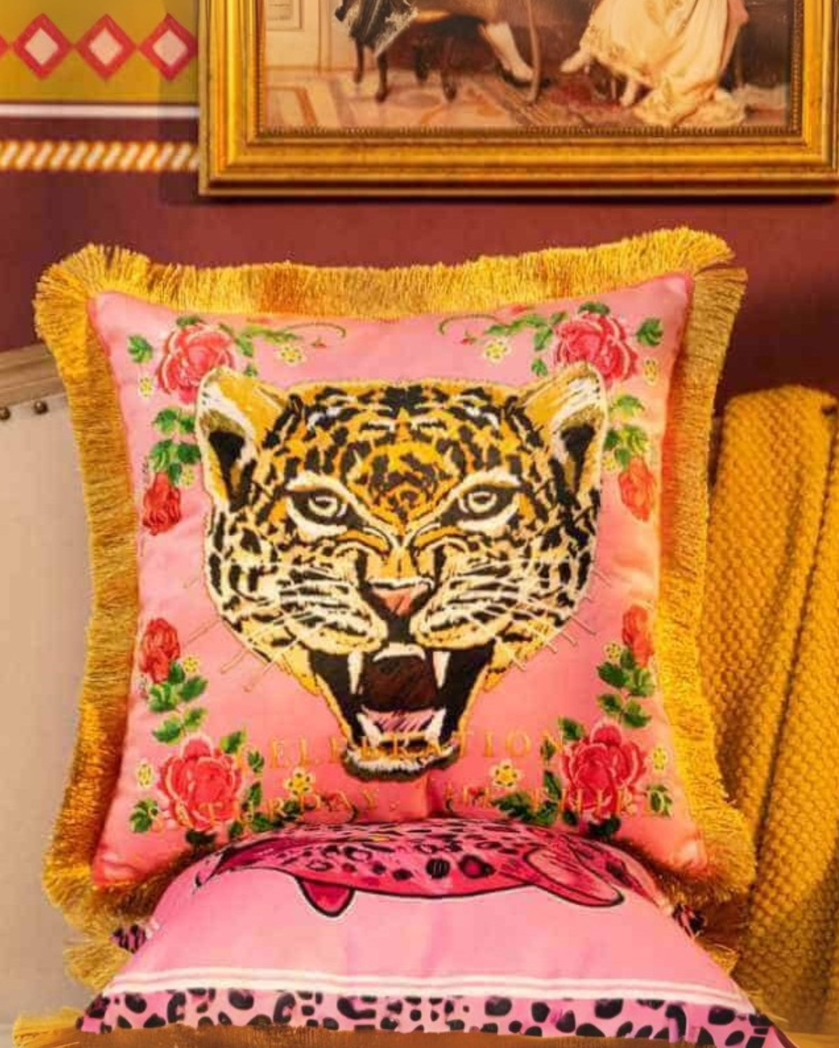Velvet Cushion with Panther Print and Gold Tassel Trim