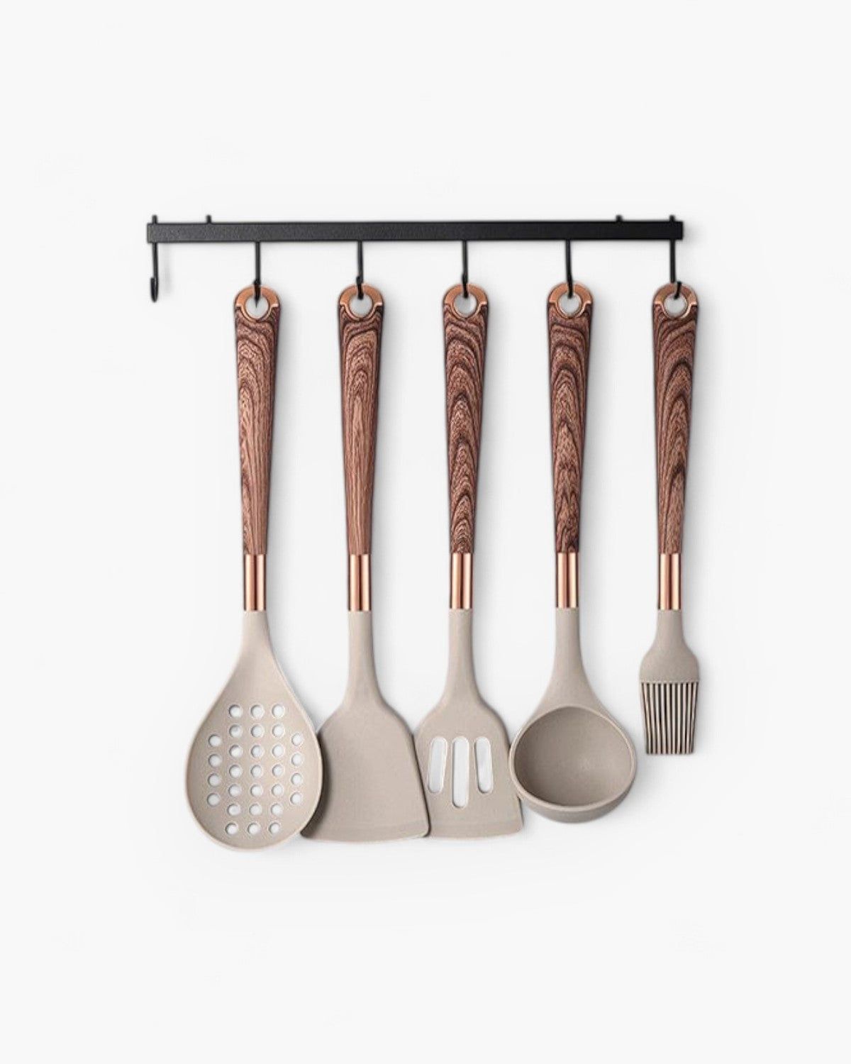 11-Piece Silicone Kitchen Utensil Set with Wood-Effect Handles and Gold Accents