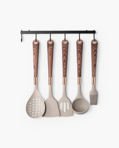 11-Piece Silicone Kitchen Utensil Set with Wood-Effect Handles and Gold Accents