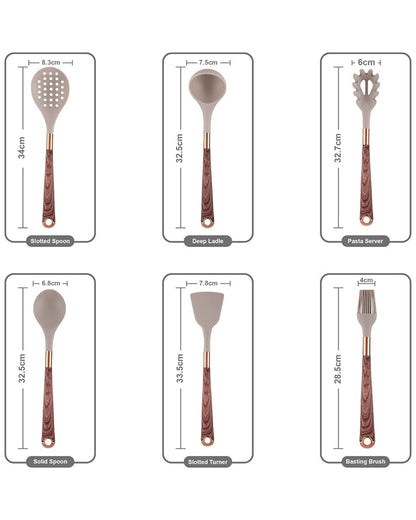 11-Piece Silicone Kitchen Utensil Set with Wood-Effect Handles and Gold Accents