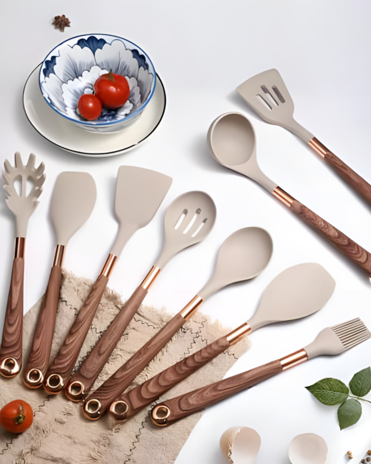 11-Piece Silicone Kitchen Utensil Set with Wood-Effect Handles and Gold Accents