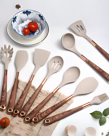 11-Piece Silicone Kitchen Utensil Set with Wood-Effect Handles and Gold Accents