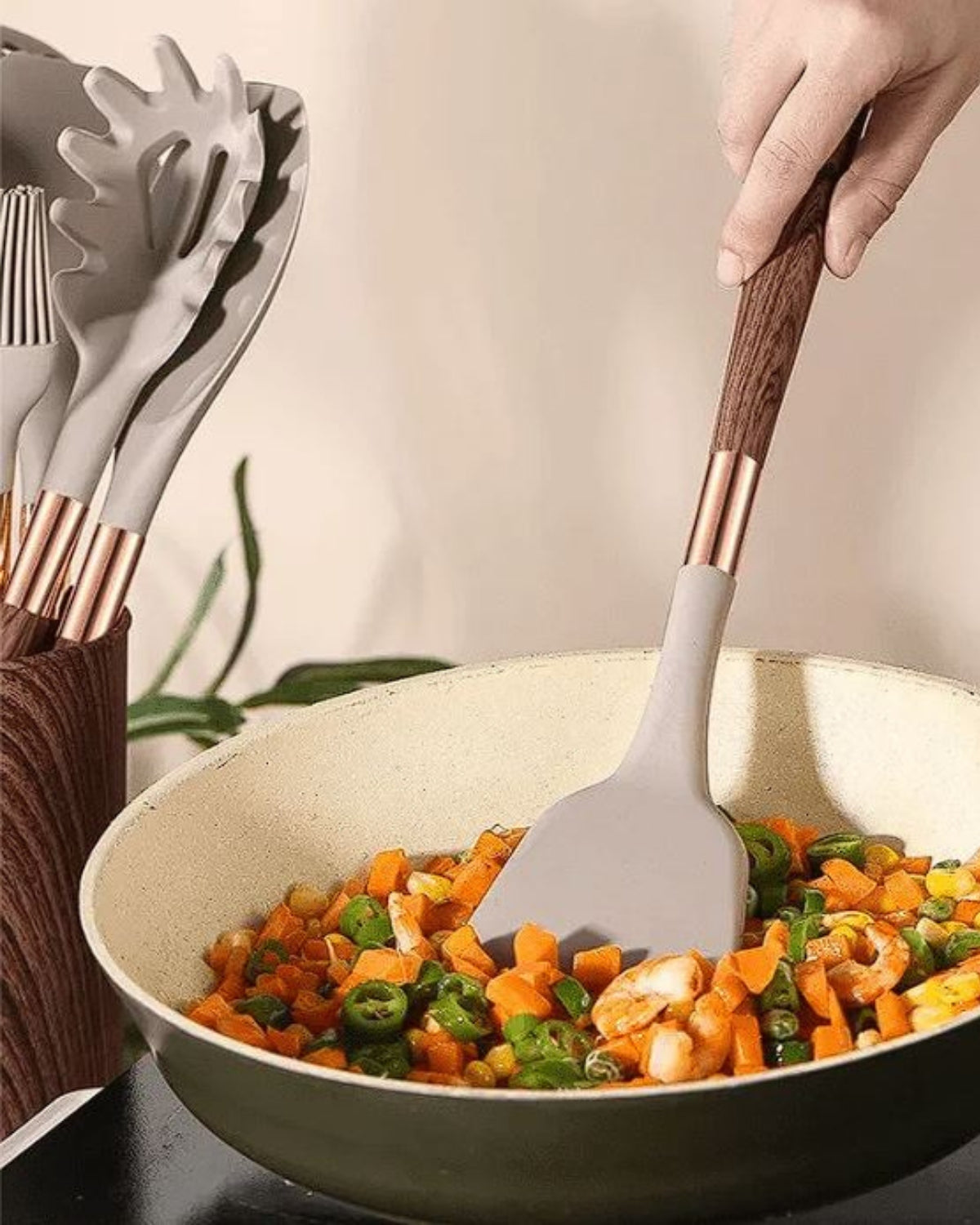 11-Piece Silicone Kitchen Utensil Set with Wood-Effect Handles and Gold Accents