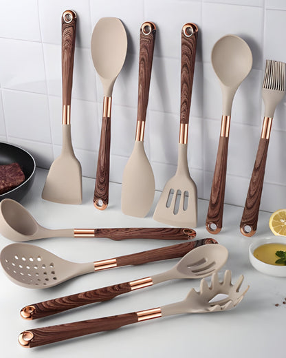 11-Piece Silicone Kitchen Utensil Set with Wood-Effect Handles and Gold Accents