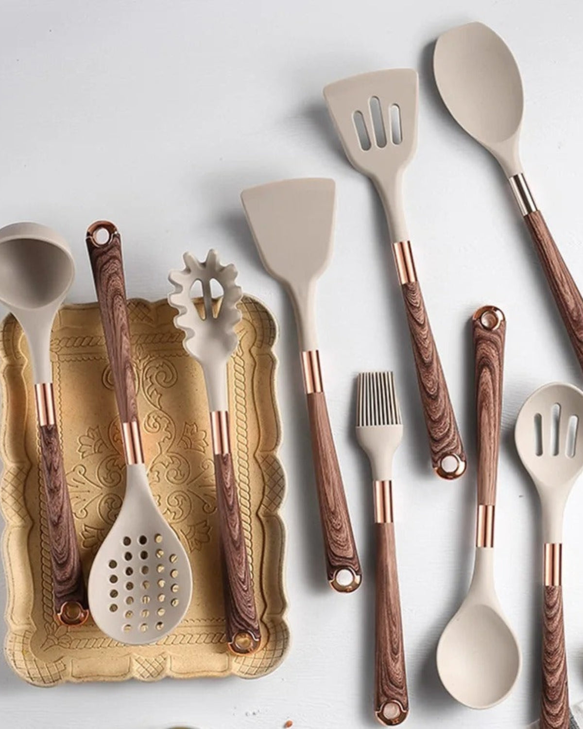 11-Piece Silicone Kitchen Utensil Set with Wood-Effect Handles and Gold Accents