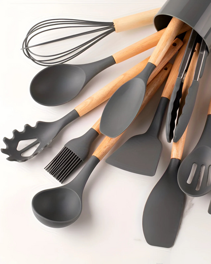 12-Piece Silicone Kitchen Utensil Set with Bamboo Handles and Storage Holder