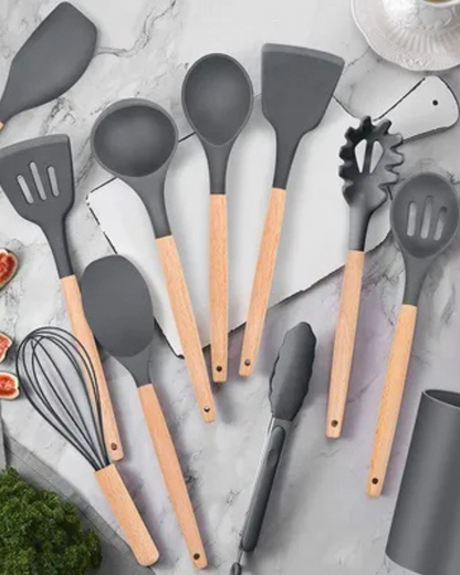 12-Piece Silicone Kitchen Utensil Set with Bamboo Handles and Storage Holder