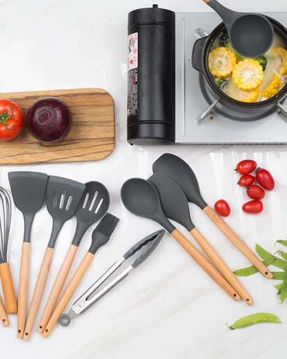 12-Piece Silicone Kitchen Utensil Set with Bamboo Handles and Storage Holder