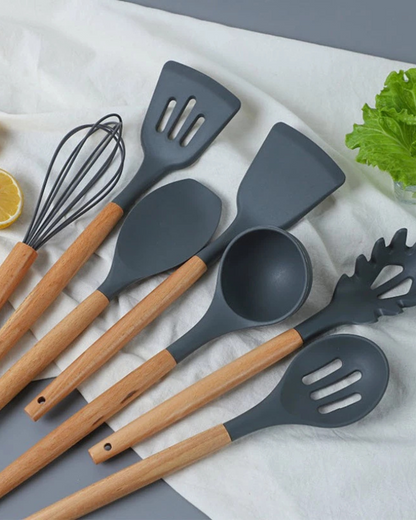 12-Piece Silicone Kitchen Utensil Set with Bamboo Handles and Storage Holder