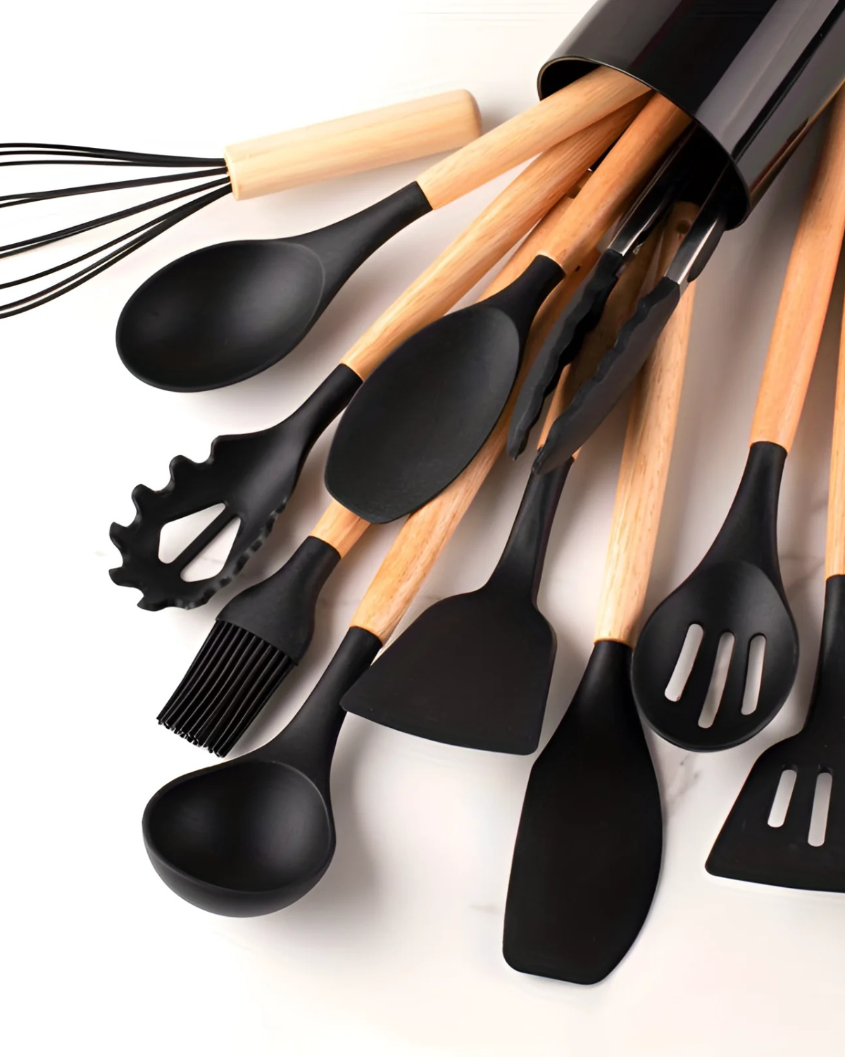 12-Piece Silicone Kitchen Utensil Set with Bamboo Handles and Storage Holder