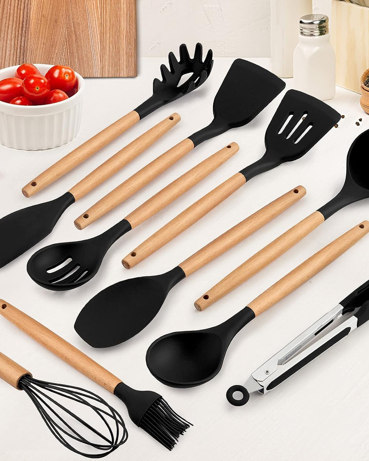 12-Piece Silicone Kitchen Utensil Set with Bamboo Handles and Storage Holder