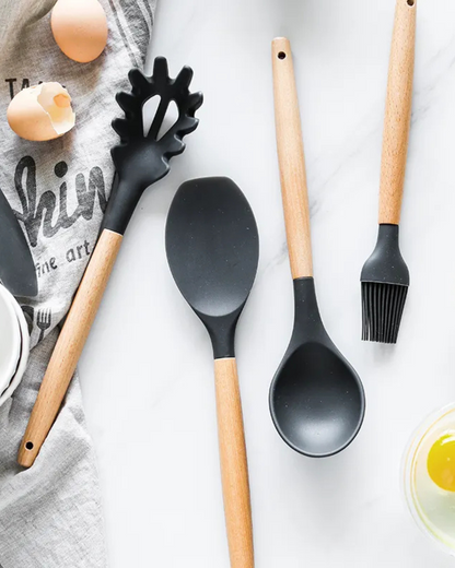 12-Piece Silicone Kitchen Utensil Set with Bamboo Handles and Storage Holder