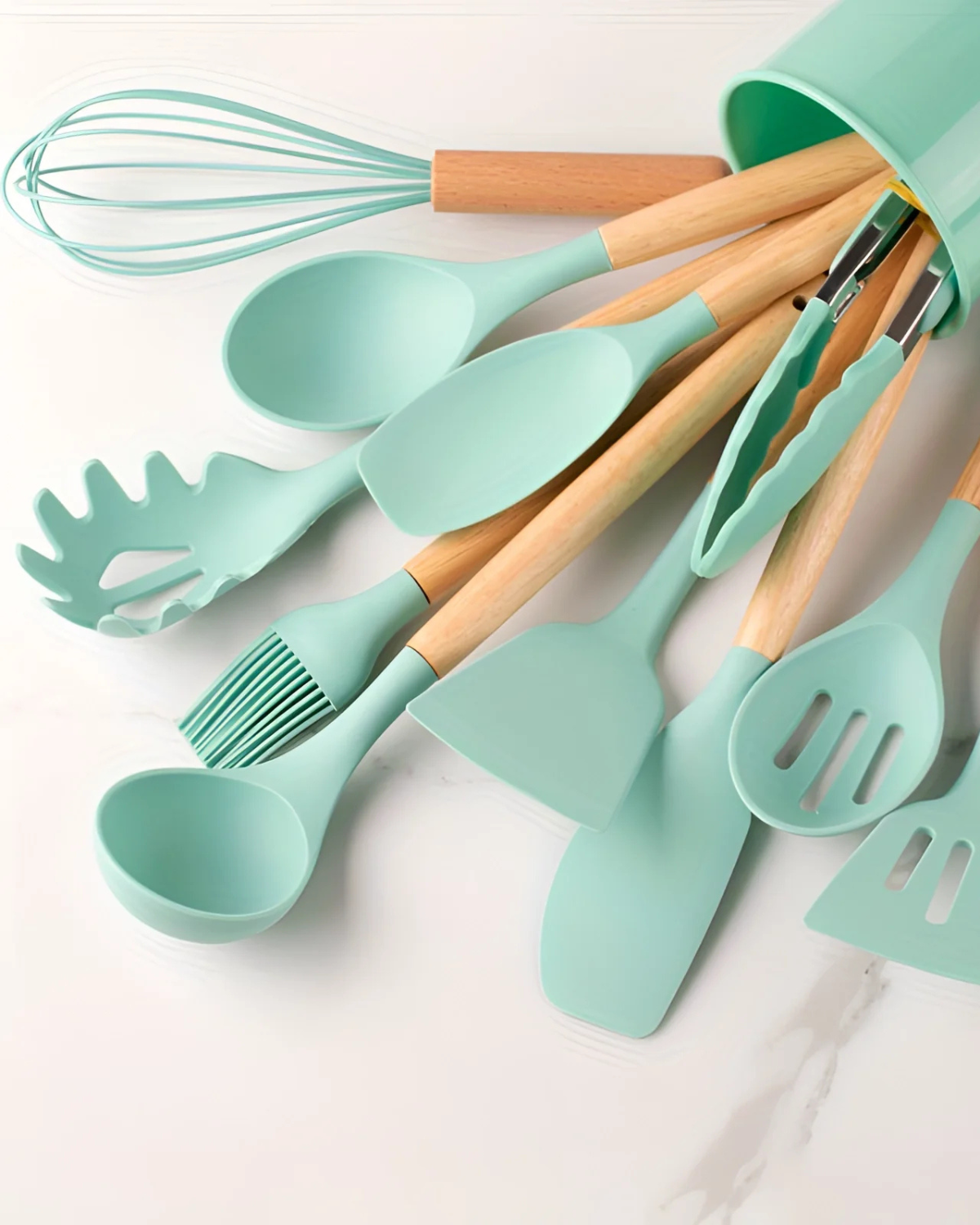 12-Piece Silicone Kitchen Utensil Set with Bamboo Handles and Storage Holder