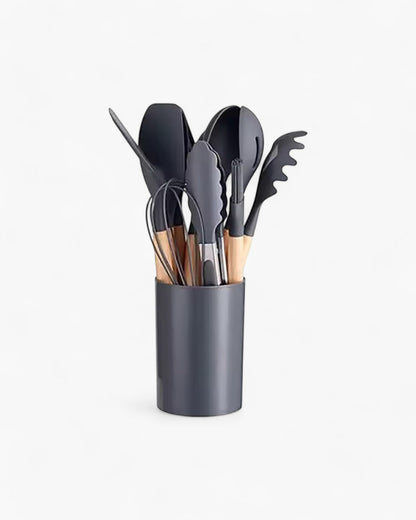 12-Piece Silicone Kitchen Utensil Set with Bamboo Handles and Storage Holder
