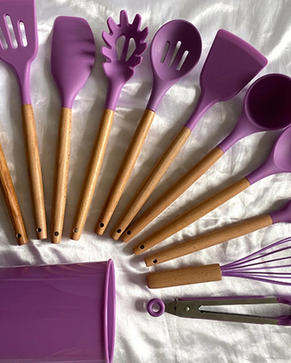 12-Piece Silicone Kitchen Utensil Set with Bamboo Handles and Storage Holder