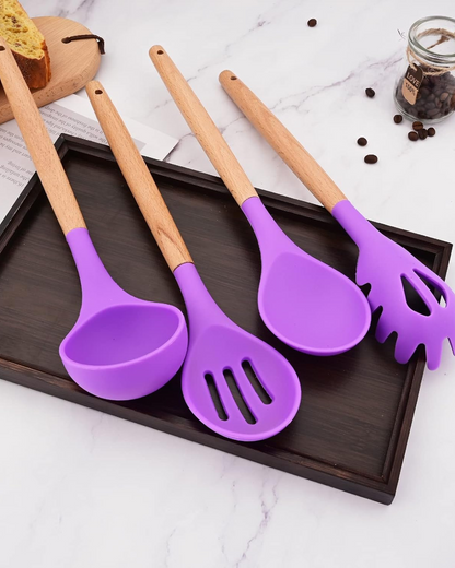 12-Piece Silicone Kitchen Utensil Set with Bamboo Handles and Storage Holder