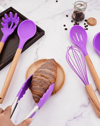12-Piece Silicone Kitchen Utensil Set with Bamboo Handles and Storage Holder