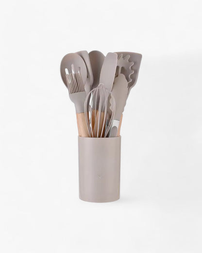 12-Piece Silicone Kitchen Utensil Set with Bamboo Handles and Storage Holder