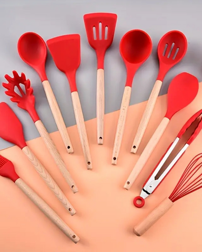 12-Piece Silicone Kitchen Utensil Set with Bamboo Handles and Storage Holder