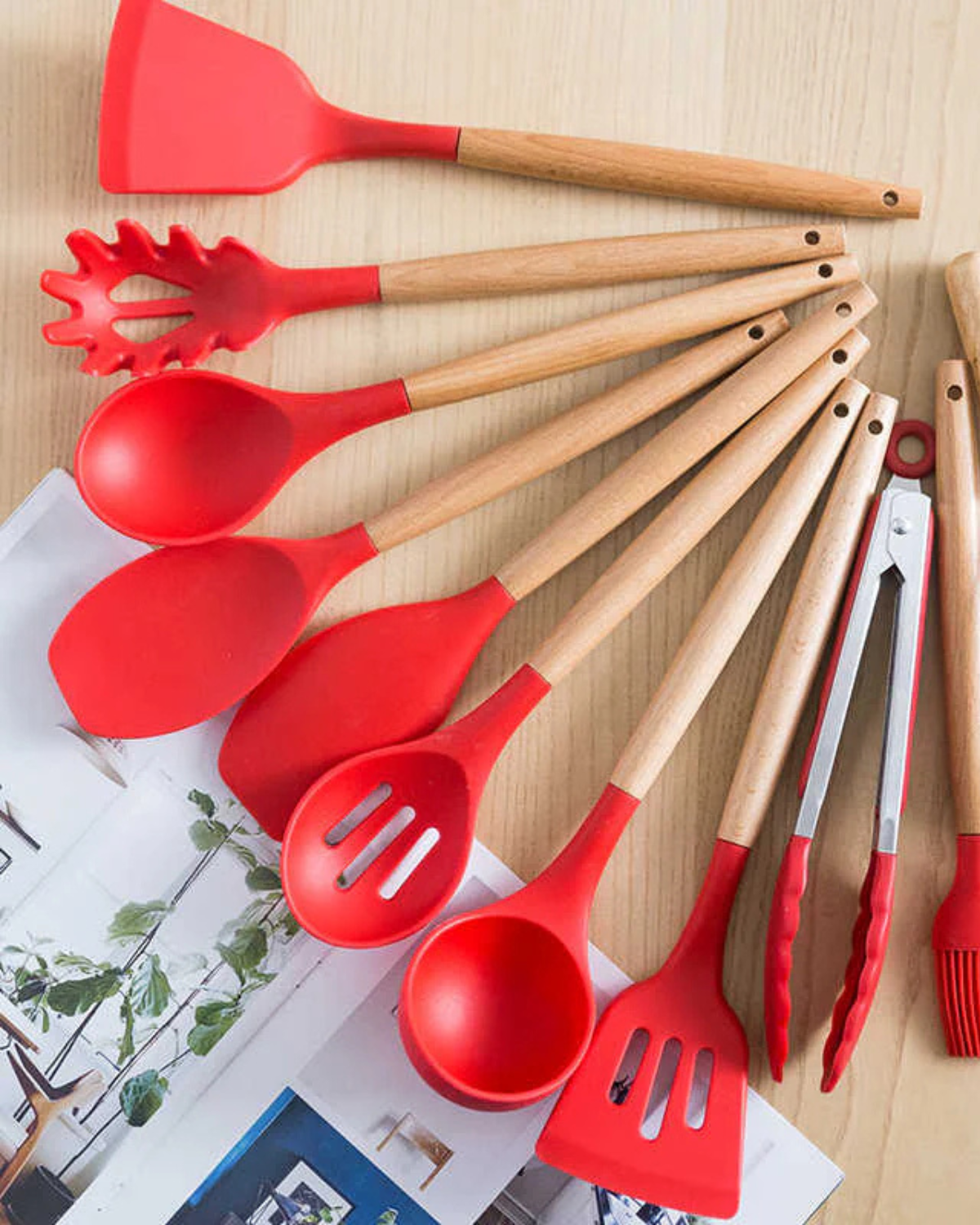 12-Piece Silicone Kitchen Utensil Set with Bamboo Handles and Storage Holder