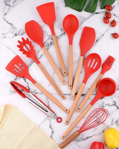 12-Piece Silicone Kitchen Utensil Set with Bamboo Handles and Storage Holder