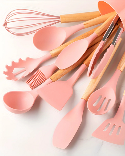 12-Piece Silicone Kitchen Utensil Set with Bamboo Handles and Storage Holder