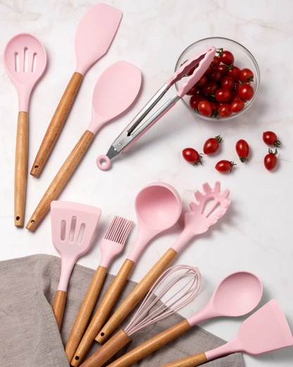 12-Piece Silicone Kitchen Utensil Set with Bamboo Handles and Storage Holder