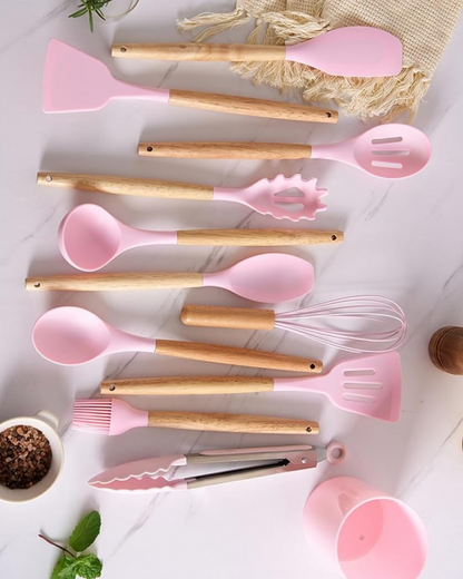 12-Piece Silicone Kitchen Utensil Set with Bamboo Handles and Storage Holder