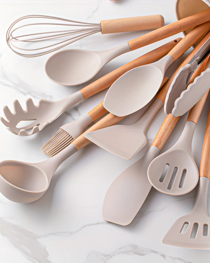 12-Piece Silicone Kitchen Utensil Set with Bamboo Handles and Storage Holder