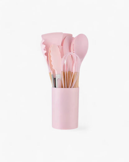 12-Piece Silicone Kitchen Utensil Set with Bamboo Handles and Storage Holder