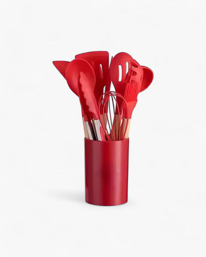 12-Piece Silicone Kitchen Utensil Set with Bamboo Handles and Storage Holder
