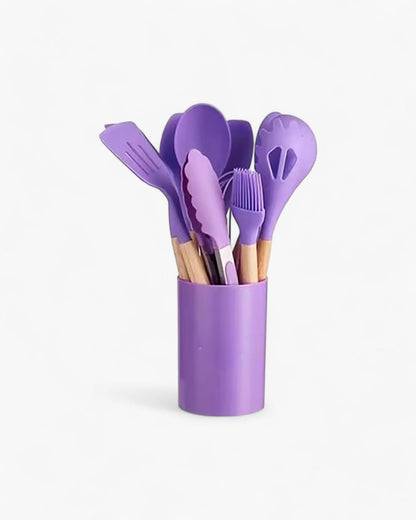 12-Piece Silicone Kitchen Utensil Set with Bamboo Handles and Storage Holder