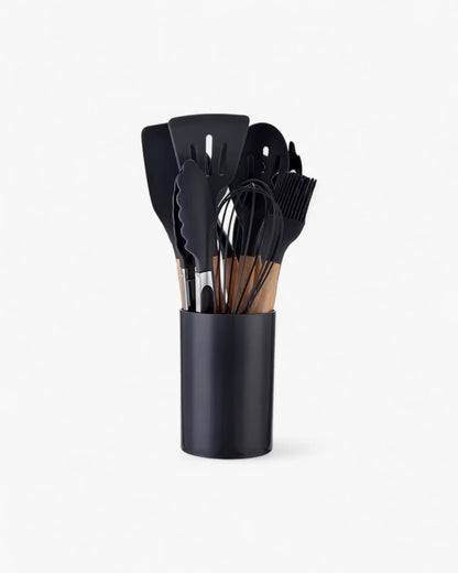 12-Piece Silicone Kitchen Utensil Set with Bamboo Handles and Storage Holder