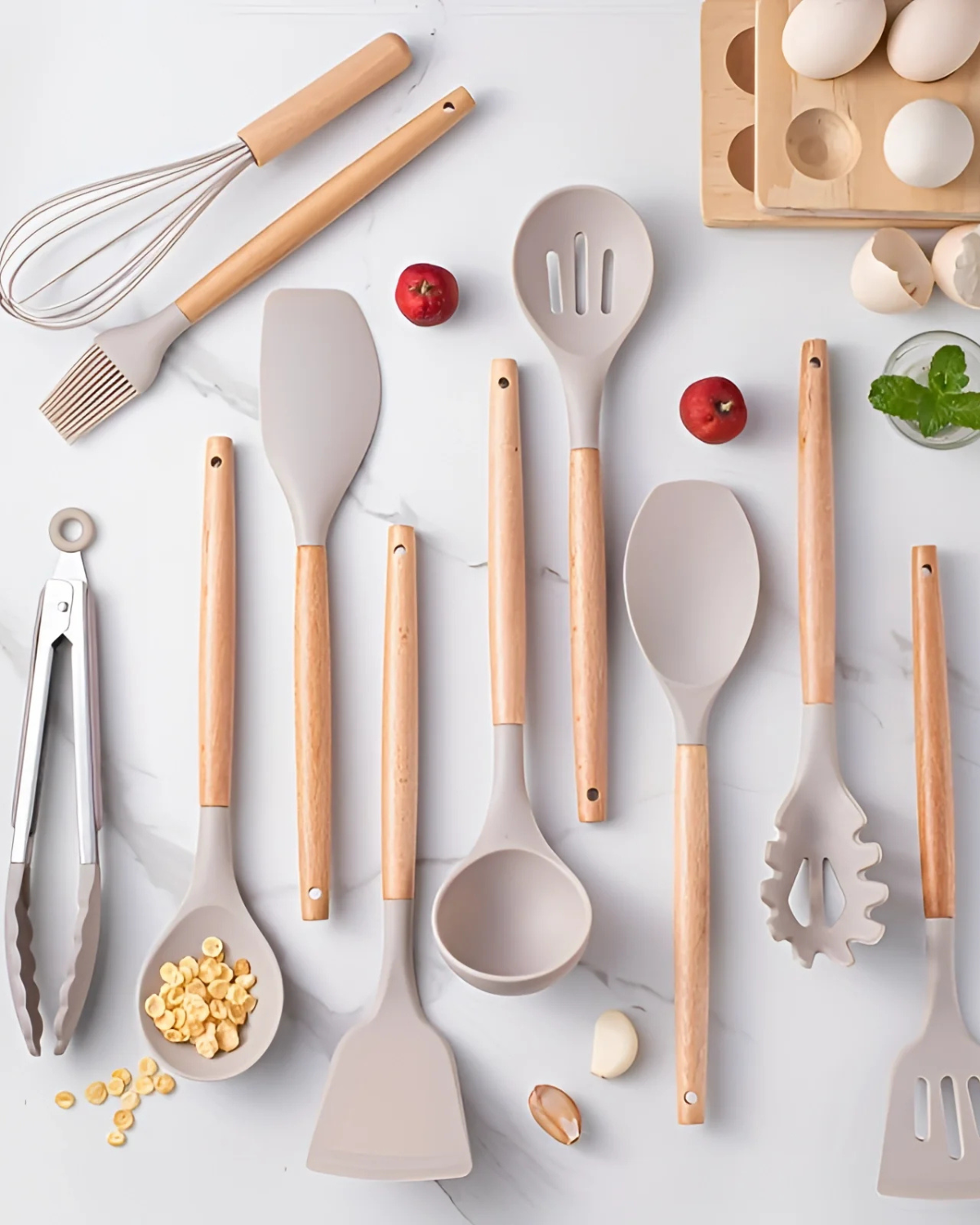 12-Piece Silicone Kitchen Utensil Set with Bamboo Handles and Storage Holder