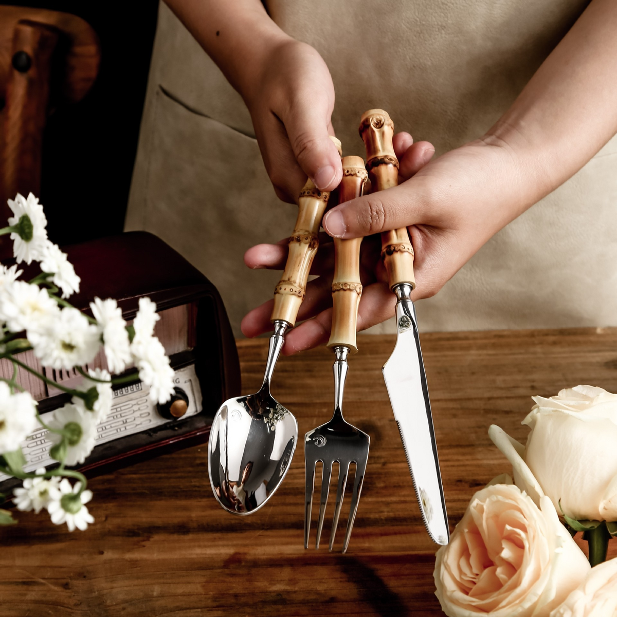 18/10 Stainless Steel Cutlery Set with Natural Bamboo Handles