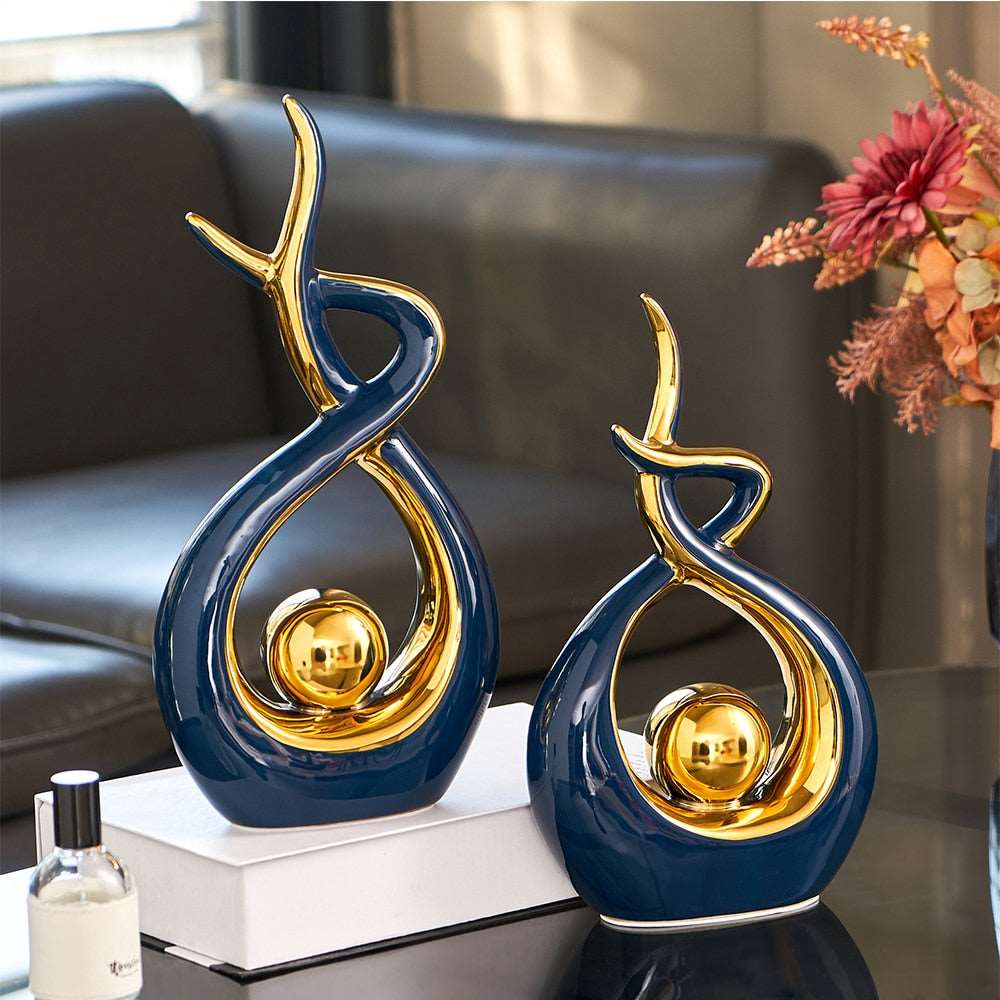 Abstract Ceramic Sculpture with Gold Accents and Modern Design