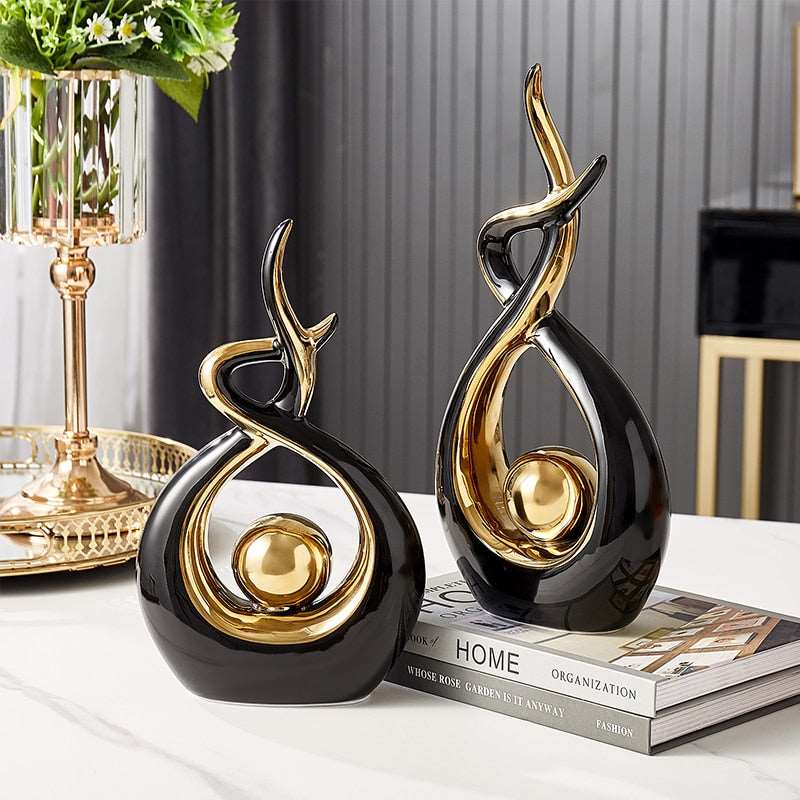 Abstract Ceramic Sculpture with Gold Accents and Modern Design