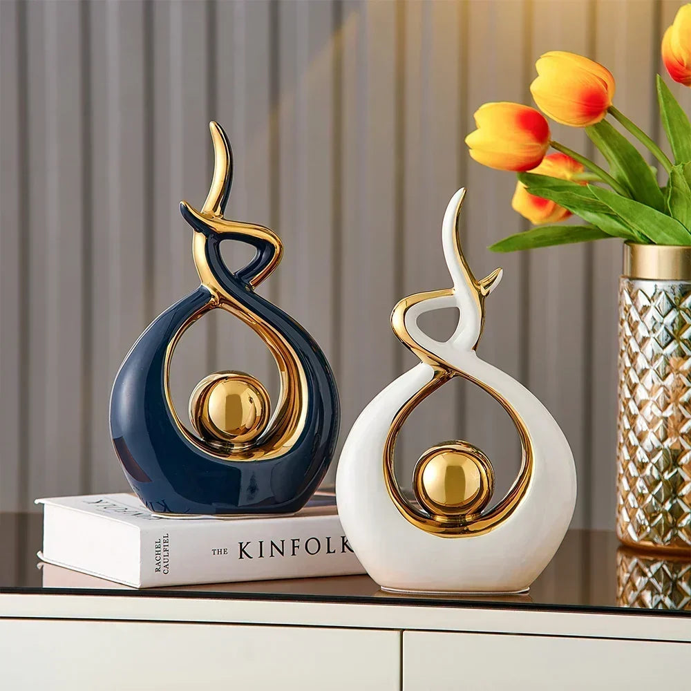 Abstract Ceramic Sculpture with Gold Accents and Modern Design