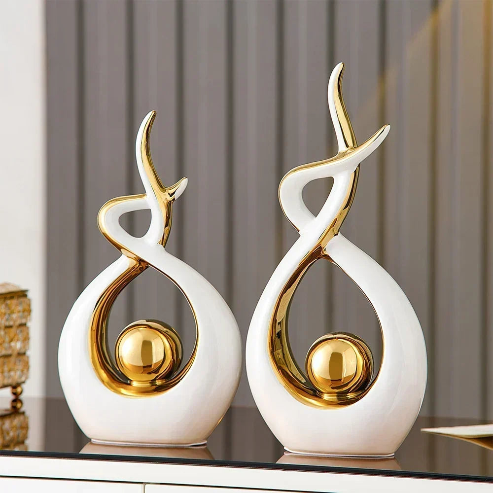 Abstract Ceramic Sculpture with Gold Accents and Modern Design