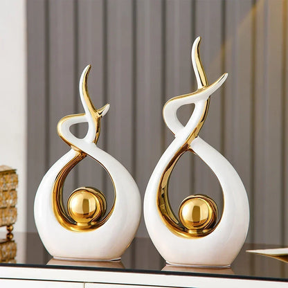Abstract Ceramic Sculpture with Gold Accents and Modern Design