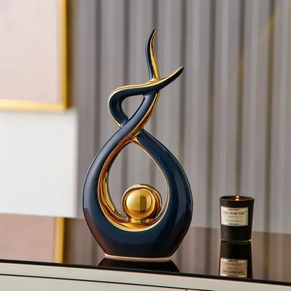Abstract Ceramic Sculpture with Gold Accents and Modern Design