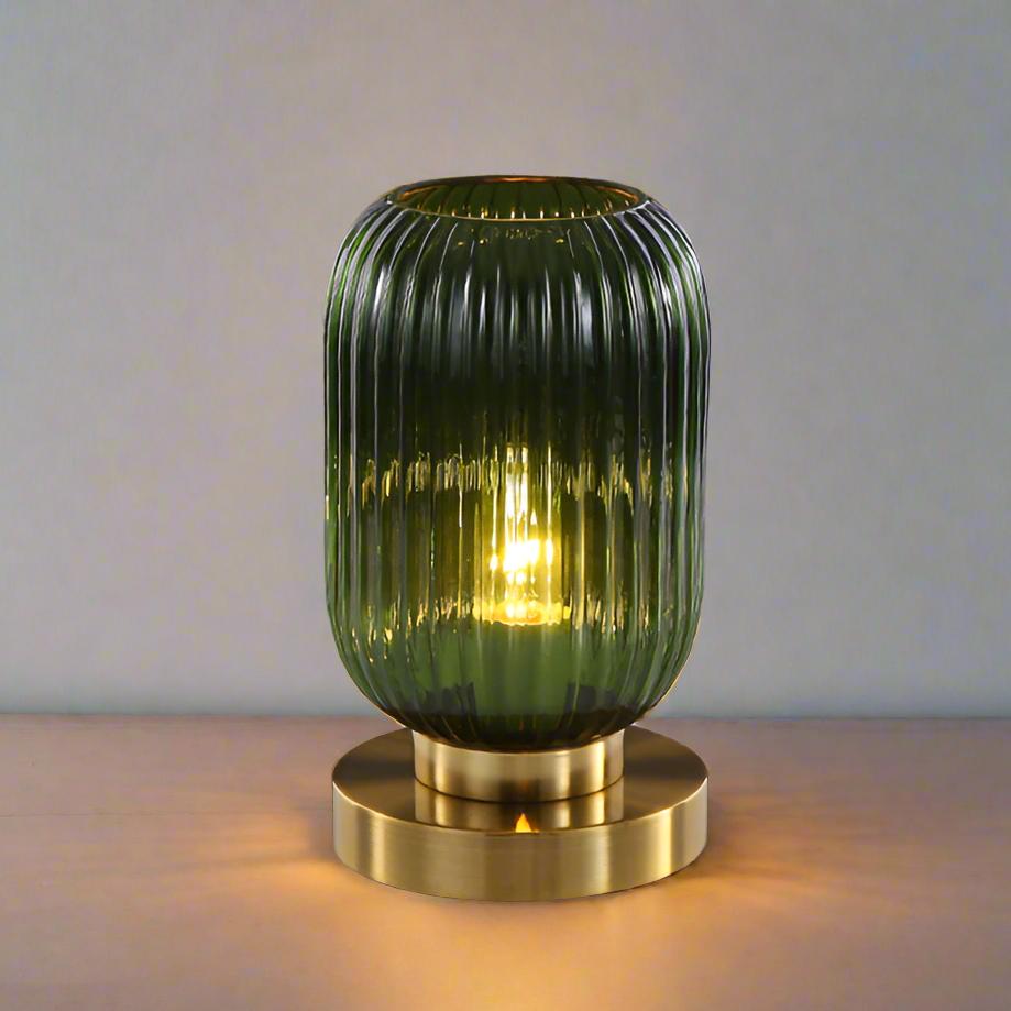 Amber Glass Table Lamp with Minimalist Metal Frame and Warm Ambient Light