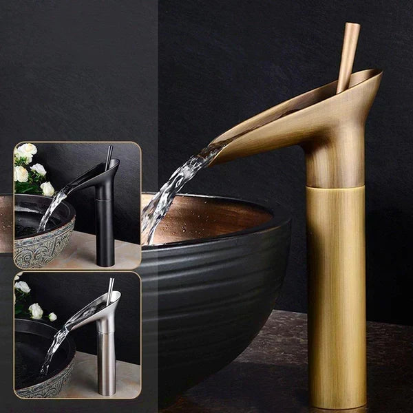 Antique Waterfall Bathroom Sink Faucet - Brass Single-Hole Tap