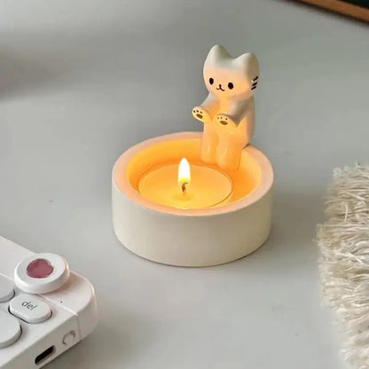Cat Candle Holder with Hand-Finished Plaster Design