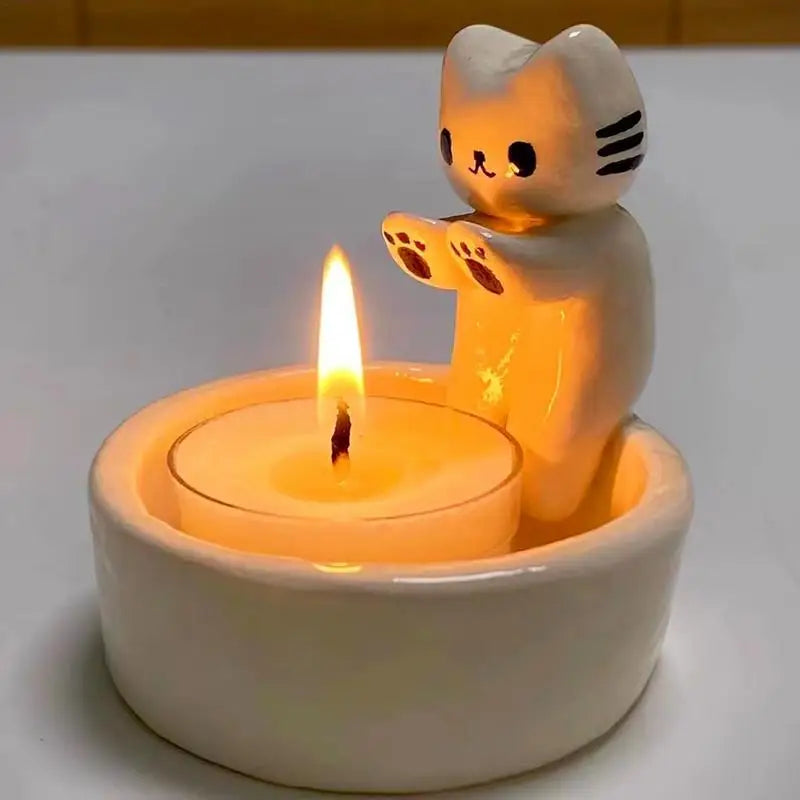 Cat Candle Holder with Hand-Finished Plaster Design