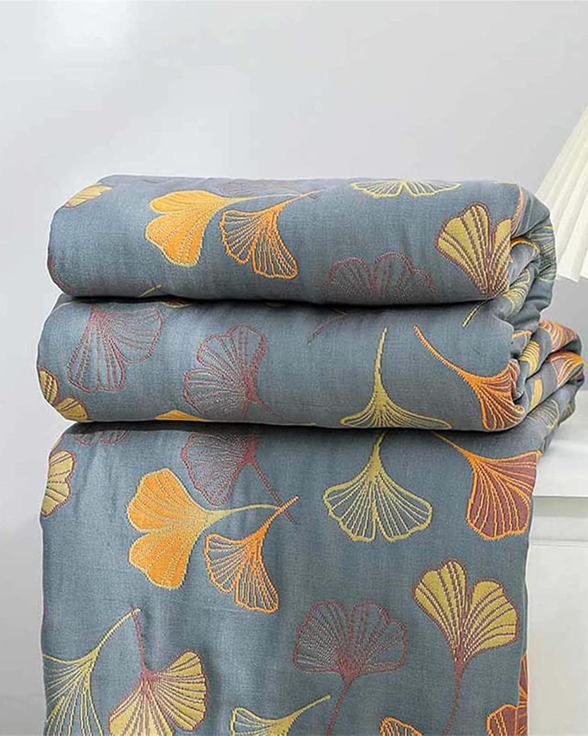 Cotton Throw Blanket with Embossed Leaf Pattern and Reversible Design