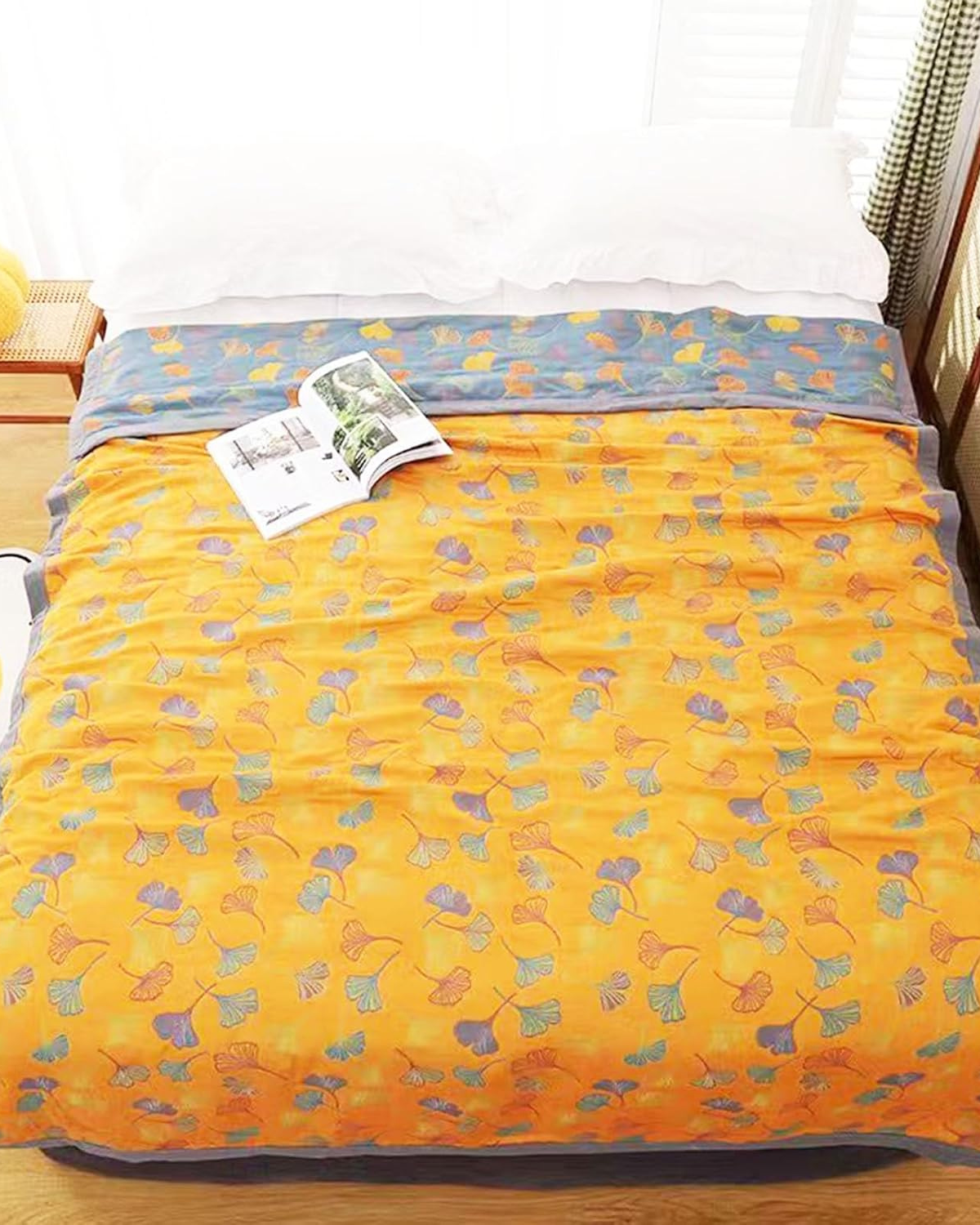 Cotton Throw Blanket with Embossed Leaf Pattern and Reversible Design